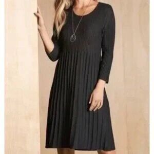 Eileen Fisher Wool Ribbed Knit Midi Scope-Neck Black Dress PP